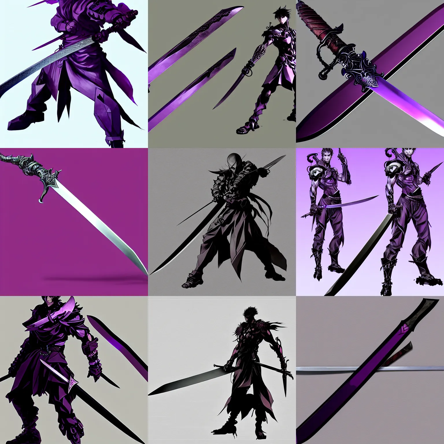 Prompt: full length presentation of one serrated straight sword with purple blade and black handle. in style of yoji shinkawa and hyung - tae kim, trending on artstation, dark fantasy, great composition, concept art, highly detailed, dynamic pose.