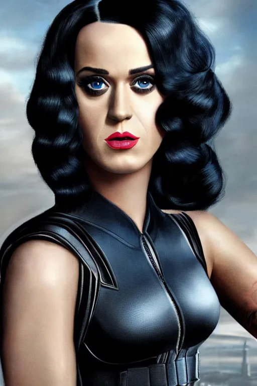 Image similar to katy perry as black widow in the avengers, portrait realistic photograph, very detailed face