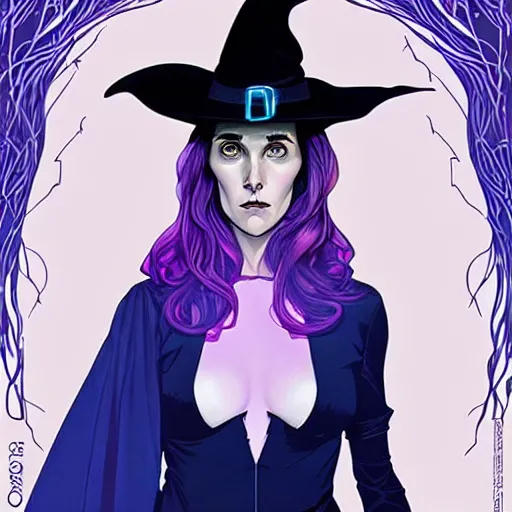 Image similar to in the style of Joshua Middleton comic art, beautiful witch spooky female, Jennifer Connelly, blue and purple glowing hair, perfect eyes perfect symmetrical eyes, symmetrical face, black magic, dark forest background, painterly style