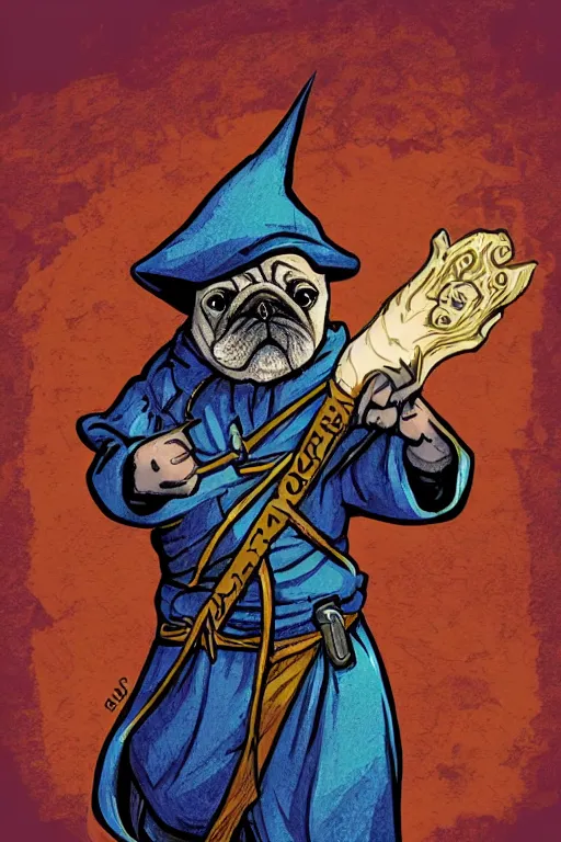 Image similar to Pug that is a wizard casting a spell , wizard, medieval, sticker, colorful, casting epic spell, magic the gathering artwork, D&D, fantasy, artstation, heroic pose, illustration, highly detailed, simple, smooth and clean vector curves, no jagged lines, vector art, smooth