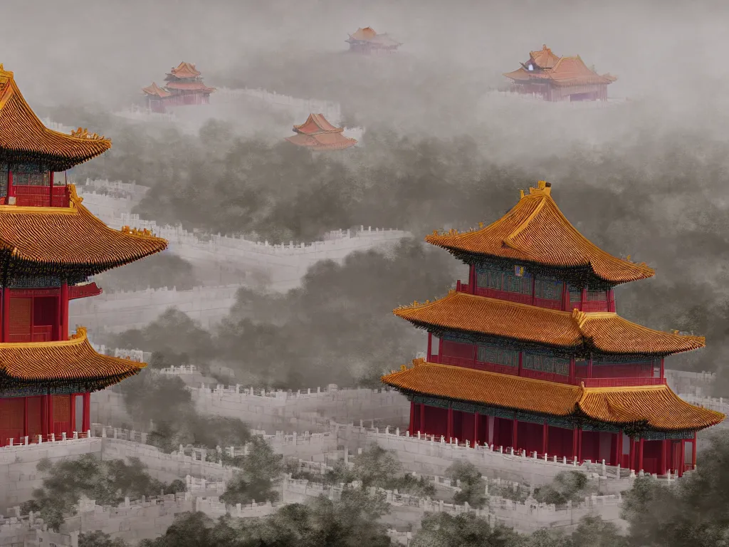 Prompt: the beautiful scene render that forbidden city on the cliff and white dragon hovering over the building ， trend on artstation