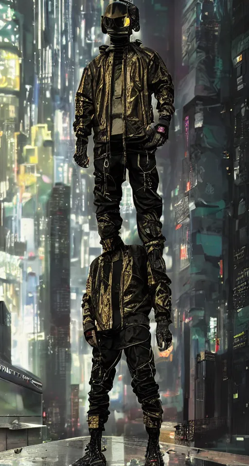 Prompt: cyberpunk techwear streetwear look and clothes, we can see them from feet to head, highly detailed and intricate, golden ratio, beautiful bright colors, hypermaximalist, futuristic, cyberpunk setting, luxury, elite, cinematic, techwear fashion, Errolson Hugh, Sacai, Nike ACG, Yohji Yamamoto, Y3, ACRNYM,