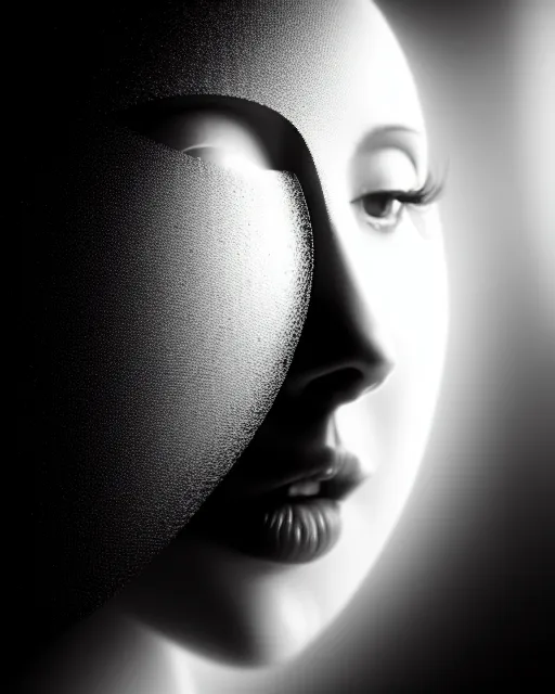 Prompt: black and white high quality photo of a beautiful female AI vegetal-cyborg looking into a sci-fi mirror, volumetric lighting, liminal space, brutalism, foggy, dreamy, hyperdetailed, bokeh, photorealistic, cinematic, masterpiece, elegant, dark, by Man Ray in the style of Horst P. Horst, octane render, 8K,