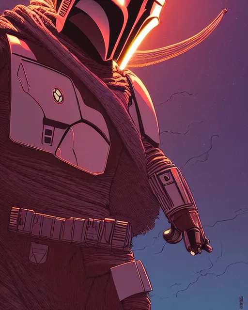 Prompt: closeup potrait of the mandalorian in a battle, intricate, volumetric lighting, moebius, geof darrow, frank miller, dan mumford, detailed illustration, digital art, victo ngai, kilian eng, frank miller, moebius, dan mumford, action pose, off angle camera tilt, vector art