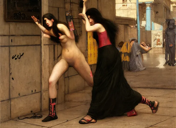 Image similar to Maria evades pvt griggs. Cyberpunk hacker escaping Cyberpunk corporate security. (police state, Cyberpunk 2077, blade runner 2049). Iranian orientalist portrait by john william waterhouse and Edwin Longsden Long and Theodore Ralli and Nasreddine Dinet, oil on canvas. Cinematic, hyper realism, high detail 4k