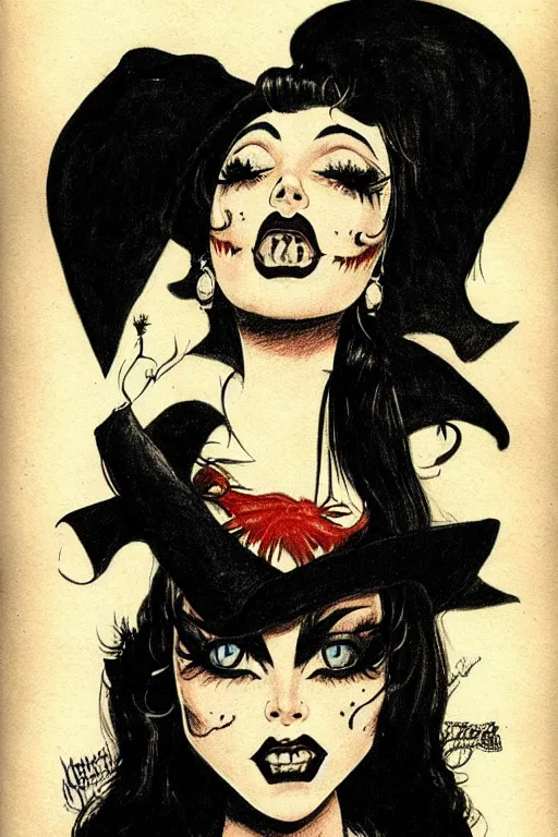 Image similar to of a witch girl burlesque psychobilly punk, detailed face, black hair, white background, drawing, illustration by frank frazetta
