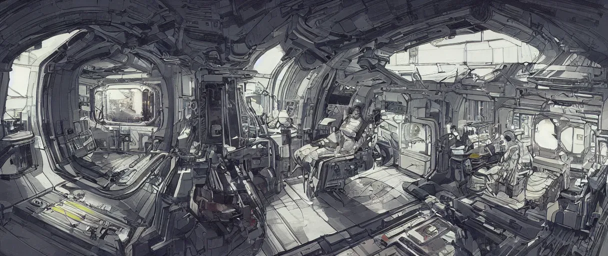 Image similar to concept art for the interior of a space station there is a large window looking out on a planet from space by kim jung gi