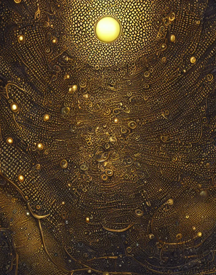 Prompt: cgsociety, hyperdetailed rendering of a shiny reflective specular continuum of kybalist trypophobia glistening engine relics faithlessly dismantled in mica with fluorescent acrylic scarabs skeuomorphic adorning a webbed totem of trypophobia multifaceted druidic vibration, hyperdetailed surrealist painting by Vladimir Kush, trending on artstation, nocturnal, magic hour, reflective