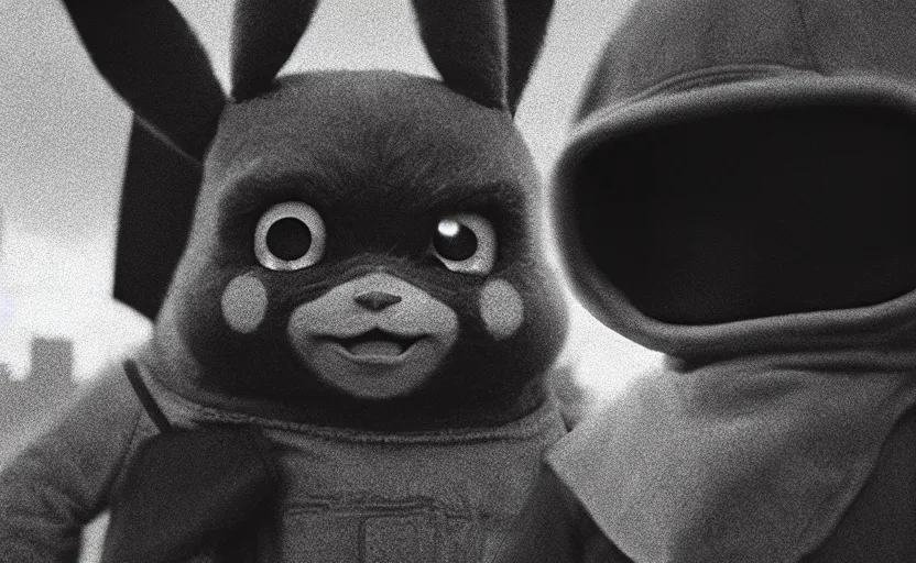 Image similar to cinestill 5 0 d candid photographic portrait by helen levitt of pikachu wearing black rugged techwear on a desolate plain, extreme closeup, modern cyberpunk moody emotional cinematic, dust storm, 8 k, hd, high resolution, 3 5 mm, f / 3 2, ultra realistic faces, detective pikachu ( 2 0 1 9 )