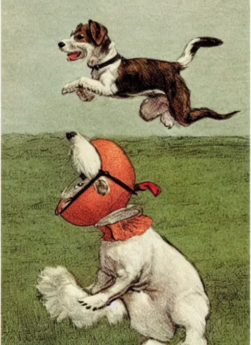 Image similar to jack russel terrier jumping on red ball, illustrated by peggy fortnum and beatrix potter and sir john tenniel