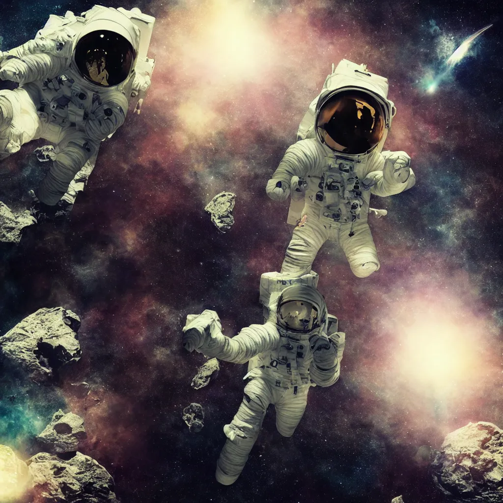 Image similar to astronaut suit, alone fly in deep dark cosmos around planets and asteroids, portrait watercolor dramatic lighting cinematic establishing shot extremely high detail foto