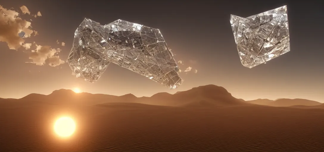 Prompt: an amazingly stunning picture of a transparent crystal structure floating high up in the sky over a desert, entrapping the souls that got lost in the desert, intricate detail, sunset, serene, volumetric lighting, volumetric clouds, 8 k, photorealistic, digital art trending on artstation