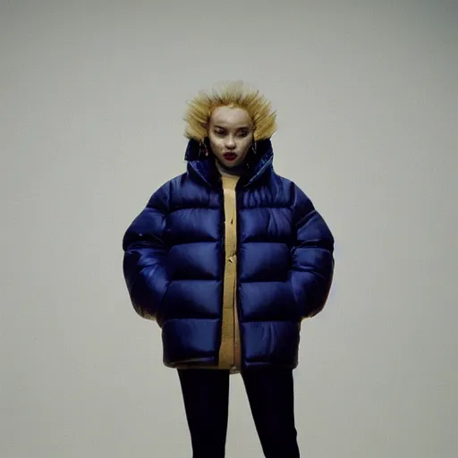 Prompt: realistic photoshooting for a new balenciaga lookbook, color film photography, portrait of a blonde asian woman, model wearing a puffer jacket, photo in style of tyler mitchell, 3 5 mm,