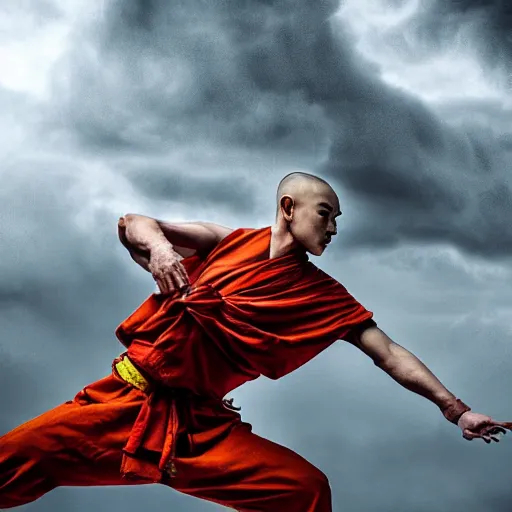 Image similar to full body pose, hyperrealistic photograph of a shaolin disciple manipulating thunder, dim volumetric lighting, 8 k, octane beautifully detailed render, extremely hyper detailed, intricate, epic composition, cinematic lighting, masterpiece, trending on artstation, very very detailed, stunning, hdr, smooth, sharp focus, high resolution, award, winning photo, dslr, 5 0 mm