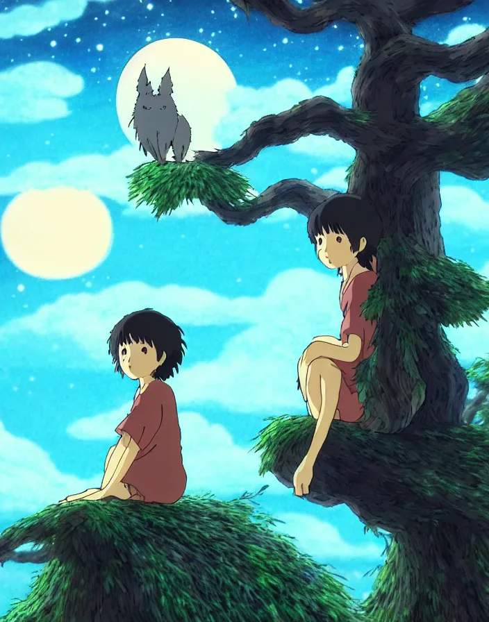 Prompt: spirit creature sitting on the tree in the night made by studio ghibli, detailed, high quality, 8 k, smooth, artstyle, anime