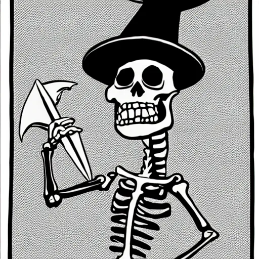 Prompt: a cartoon skeleton with a wizard's hat