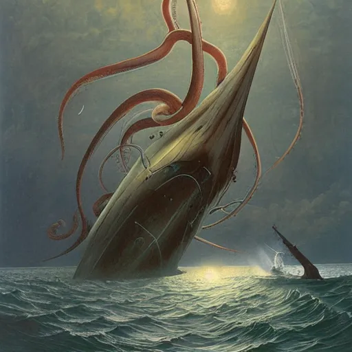 Image similar to a giant squid attacking a ship, tentacles wrapping around, by gerard brom and zdzisław beksinski