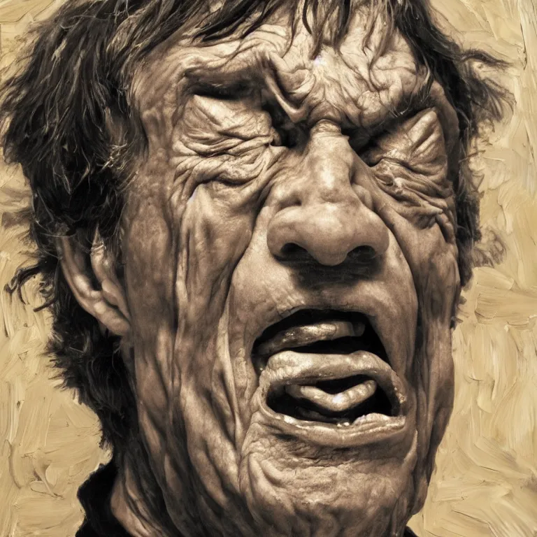 Image similar to warmly lit close up studio portrait of very old furiously angry!! Mick Jagger age 115 angrily singing, impasto oil painting thick brushstrokes by Cy Twombly and Lucian Freud and Tim Hawkinson , trending on artstation dramatic lighting Expressionism