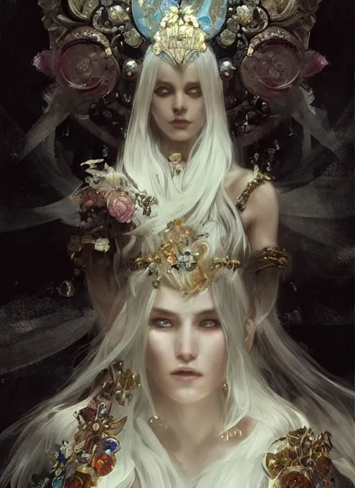 Image similar to a beatiful white haired princess, adorned with precious stone jewelry, intricate concept art, ethereal, ominous, dramatic lighting, Ruan Jia and Jeremy Mann and Alphonse Mucha