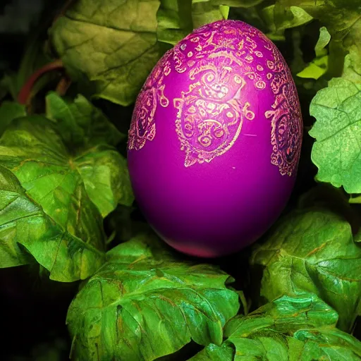 Prompt: a ornate detailed red and purple glowing egg, an eggplant fruit still on the vine