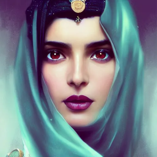 Prompt: a Photorealistic dramatic render of greek arab ameera al taweel, blue eyes, straight black hair, deep purple veil, emerald and diamond necklace, by WLOP, Artgerm, Greg Rutkowski, Alphonse Mucha, Beautiful dynamic dramatic dark moody lighting,shadows,cinematic atmosphere,Artstation,concept design art,Octane render,8K