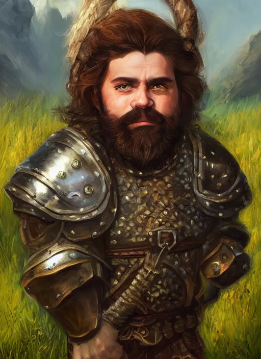 Prompt: A fantasy portrait painting of a male dwarf wearing leather armor on a beautiful meadow, DAZ, hyperrealistic, ambient light, dynamic light, trending on artstation, d&d, RPG portrait