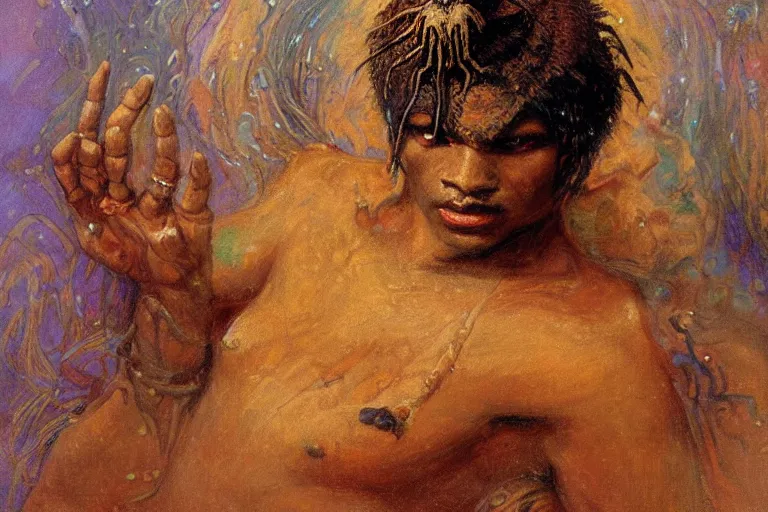 Image similar to portrait of the personification of anansi, the spider god. art by gaston bussiere.