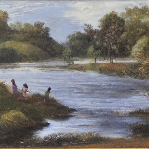 Image similar to landscape of river with two girls splashing on it in the background,