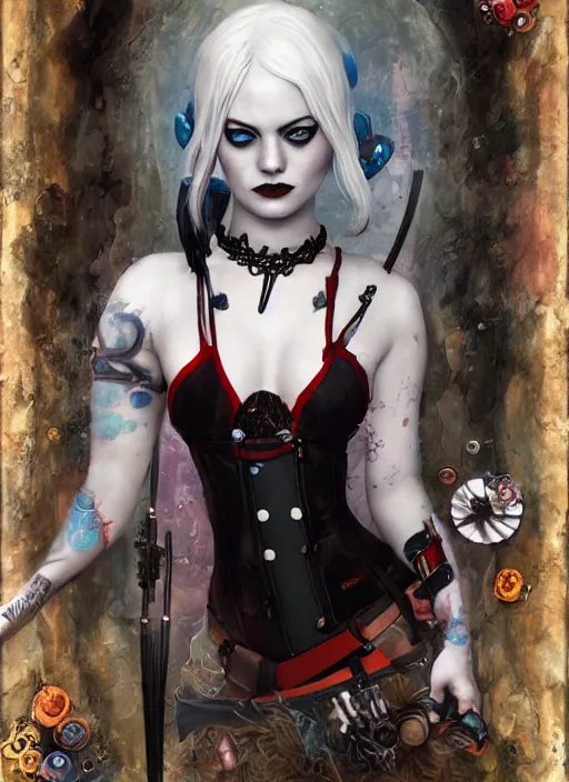 Image similar to underwater dark goth gothic steampunk portrait of emma stone as harley quinn, full moon, hyper detailed, digital art, cinematic lighting, studio quality, smooth render, unreal engine 5, octane rendered, art style by klimt and nixeu and ian sprigger and krenz cushart.