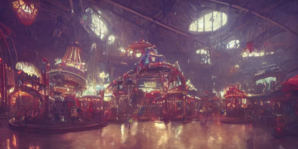 Prompt: amusement park interior design, Greg Rutkowski, Zabrocki, Karlkka, Jayison Devadas, trending on Artstation, 8K, ultra wide angle, pincushion lens effect.