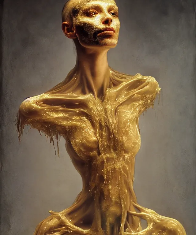 Image similar to Beautiful full-body wax sculpture of glowing transparent woman with visible golden bones covered with melted white candle wax inside the singularity where stars becoming baroque folds of dark matter by Michelangelo da Caravaggio, Nicola Samori, William Blake, Alex Grey and Beksinski, dramatic volumetric lighting, highly detailed oil painting, 8k, masterpiece