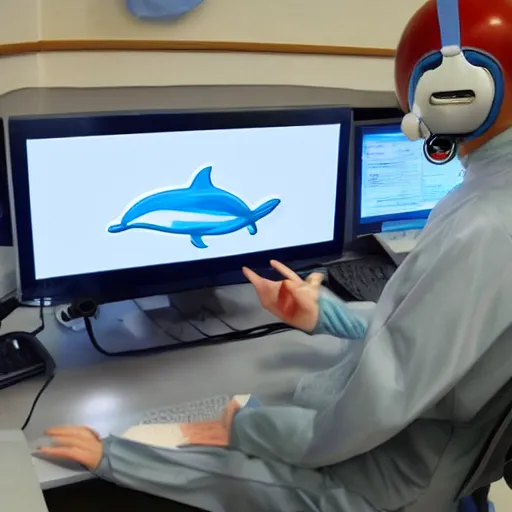 Image similar to A dolphin wearing a chemist outfit playing games on a computer