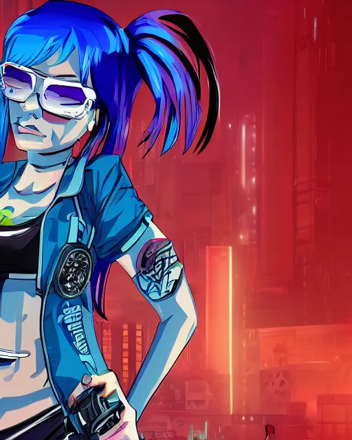 Image similar to cel shaded art of a pretty blue haired girl, jet grind radio graphics, cyberpunk city street background