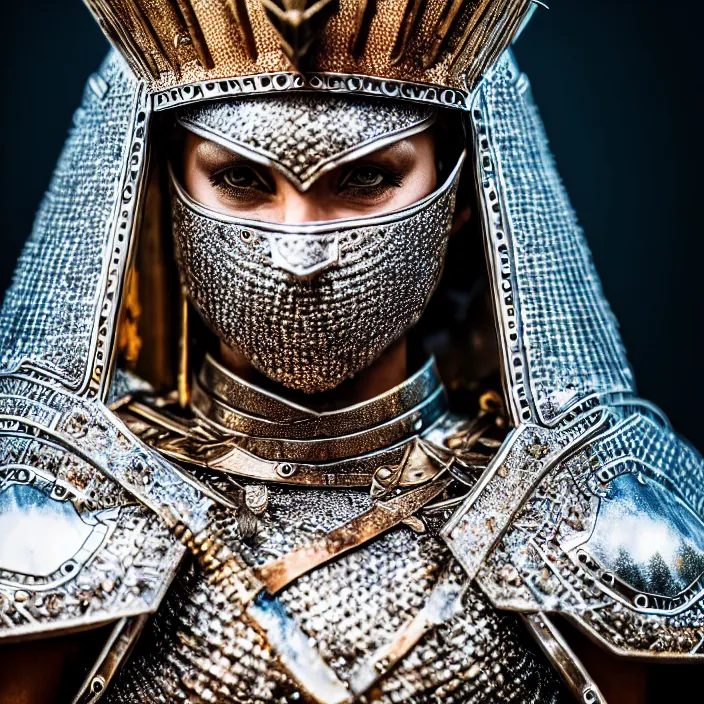 Prompt: photo of a warrior queen wearing diamond encrusted armour, highly detailed, 4 k, hdr, smooth, sharp focus, high resolution, award - winning photo