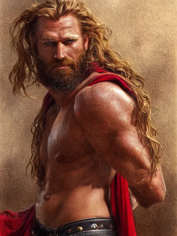 Image similar to painted portrait of rugged thor, god of thunder, norse god, red hair, masculine, mature, handsome, upper body, red and gold, muscular, hairy torso, fantasy, intricate, muscular, elegant, highly detailed, digital painting, artstation, concept art, smooth, sharp focus, illustration, art by gaston bussiere and alphonse mucha