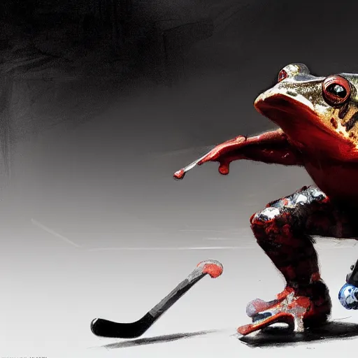 Image similar to frog wearing hockey uniform, intricate, sharp focus, illustration, highly detailed, digital painting, concept art, matte, art by ruan jia and wlop and greg rutkowski, masterpiece