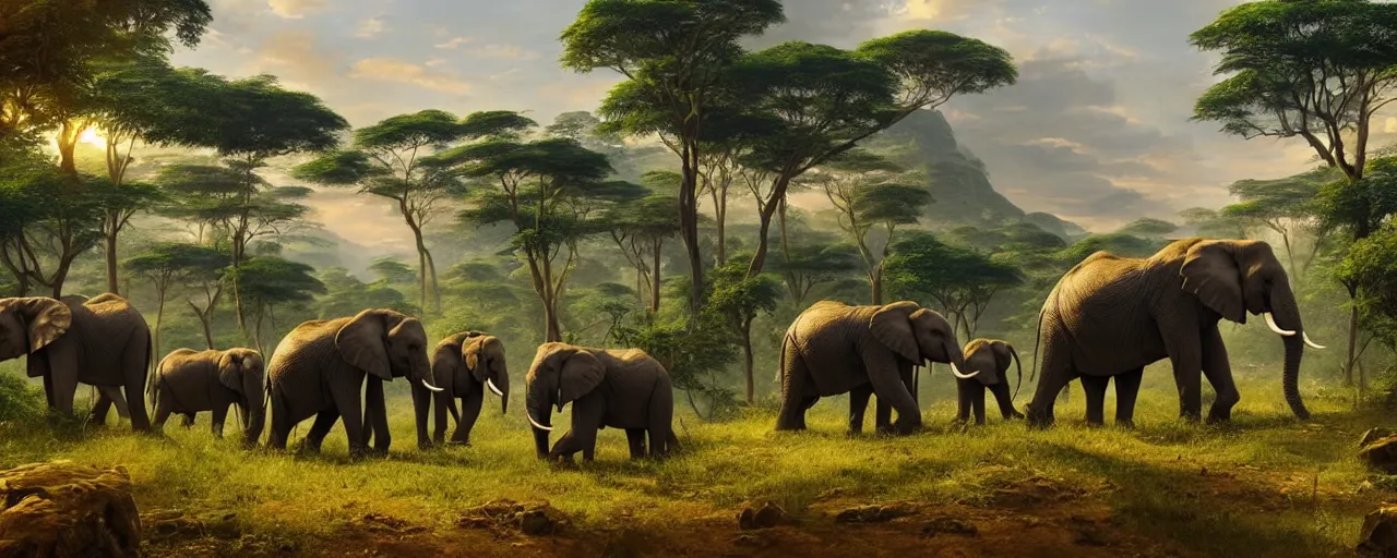 Prompt: African elephants in the jungle, beautiful dynamic lighting, cinematic, wide angle establishing shot, extremely high detail, photo realistic, cinematic lighting, post processed, concept art, artstation, matte painting, style by frederic church, raphael lacoste, unreal engine 8k