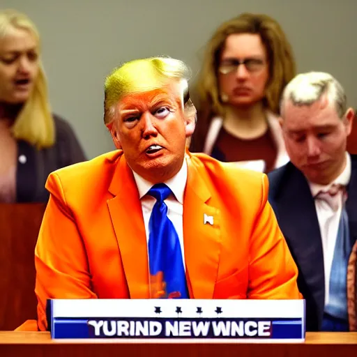 Image similar to Donald trump in an orange colored colored jumpsuit in a courtroom crying like a baby,