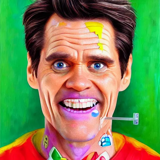 Image similar to painted portrait of jim carrey as super mario, highly detailed, colourful, brushstrokes, highly detailed