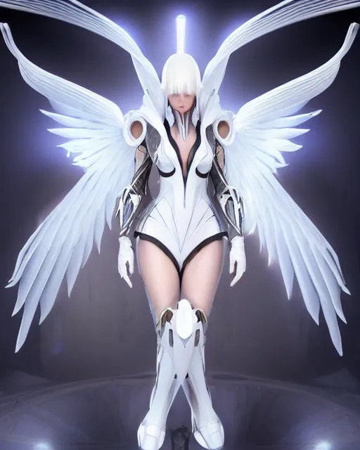 Image similar to perfect white haired attractive egyptian goddess with huge white dove wings, warframe armor, beautiful, symmetric, dreamy, half asian, pretty face, blue eyes, detailed, scifi platform, laboratory, experiment, 4 k, ultra realistic, epic lighting, android body, illuminated, cinematic, masterpiece, art by akihito tsukushi, voidstar