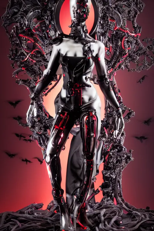 Image similar to full-body cyberpunk style sculpture of a young beautiful dark priestess, half android with a head opening exposing circuitry, glowing red eyes, black roses, flowing blood red colored silk, fabric, candles, baroque elements, human skull, full-length view, baroque element. intricate artwork by Caravaggio. crows flying in background. Trending on artstation, octane render, cinematic lighting from the right, hyper realism, octane render, 8k, depth of field, 3D