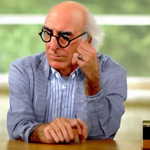 Prompt: larry david is not amused while playing pokemon cards