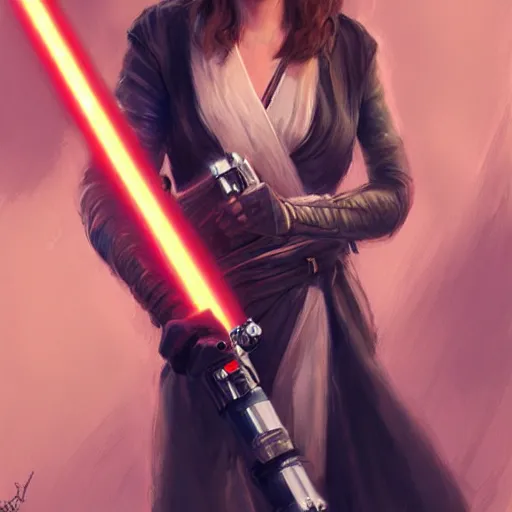 Prompt: emma watson holding a lightsaber, by wlop, trending on artstation, concept art, illustration, intricate, ornate, 8 k, highly detailed, realistic proportions, full body shot