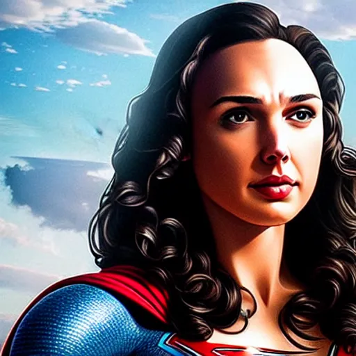 Image similar to an potrait of gal Gadot cast of movie man of steel and wearing a superman suit, photorealistic high detail, cinematic, high quality.