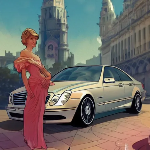 Image similar to Princess Diana standing next to a Mercedes-Benz W140, highly detailed, digital painting, artstation, concept art, smooth, sharp focus, illustration, art by artgerm and alphonse mucha, high definition digital art, in the style of Ross tran and ilya kuvshinov