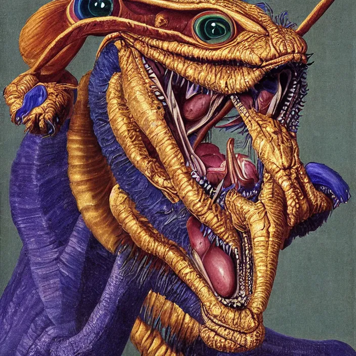 Image similar to close up portrait of a mutant monster creature with colorful exotic indigo iris eyes, crystal teeth, mantis composure. gold, vermillon. by jan van eyck, walton ford