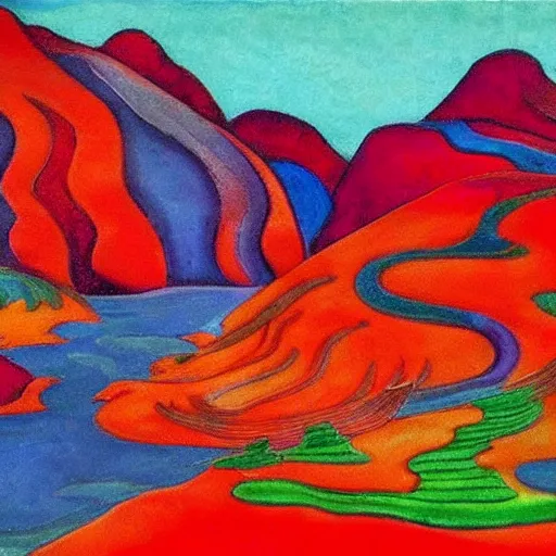 Image similar to A beautiful sculpture of a landscape. It is a stylized and colorful view of an idyllic, dreamlike world with rolling hills, peaceful looking animals, and a flowing river. The scene looks like it could be from another planet, or perhaps a fairy tale. Navajo red by Milton Avery spirited