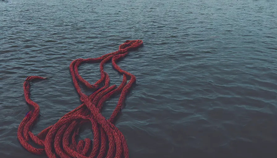 Image similar to rope floating to surface of water in the middle of the lake, overcast lake, 2 4 mm leica anamorphic lens, moody scene, stunning composition, hyper detailed, color kodak film stock
