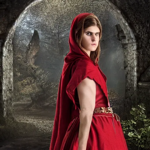 Prompt: full body photo red riding hood alexandra daddario armoured warrior, highly detailed, 4k, HDR, award-winning photo