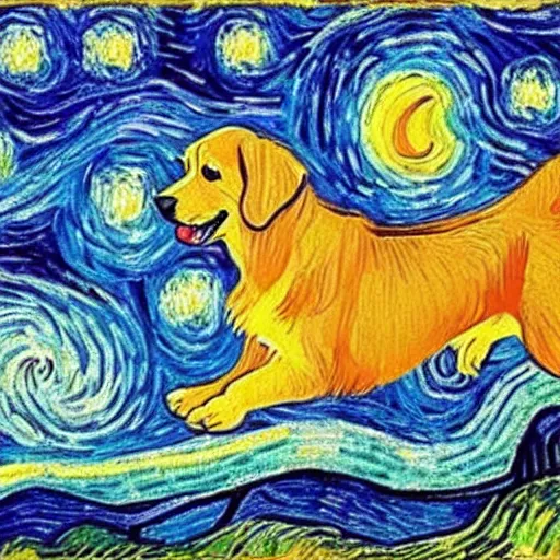 Prompt: golden retriever playing in vincent van gogh's starry night